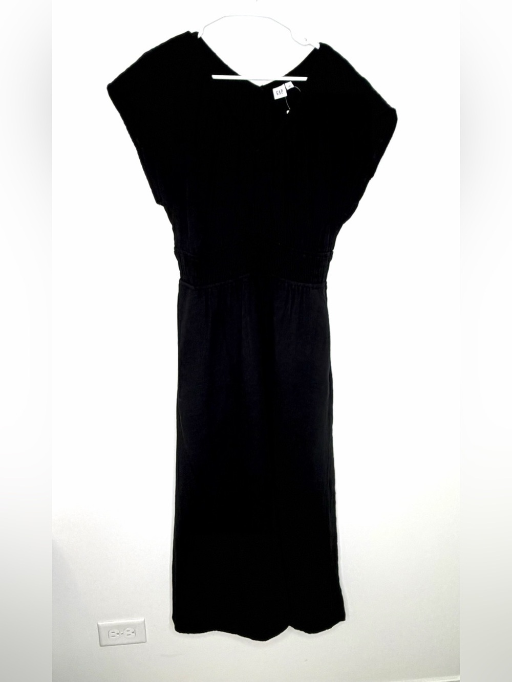 Gap Smocked V Neck Maxi Dress Sz M Black Cotton Gauzy Boho Beach Neutral